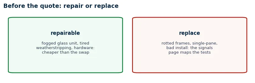 Before the quote: repairable signals like fogged glass and worn weatherstripping versus replacement signals like rotted frames and single-pane glass