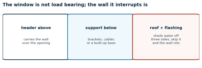 Diagram of a bay window's structural parts: header over the opening, support brackets or base below, small roof above