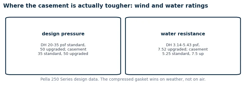 Wind and water ratings: casement standard design pressure 35 psf and water 5.25 psf against double-hung 20-35 and 3.14-5.43