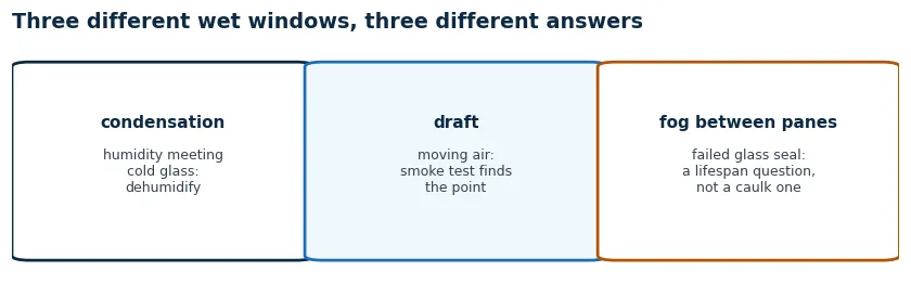 Three cards separating condensation on the inside surface, a draft of moving air, and fog between the panes from a failed seal
