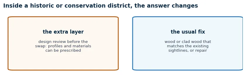 Inside a historic or conservation district: a design review layer prescribes profiles and materials, and the usual fix is matching wood or clad, or repair