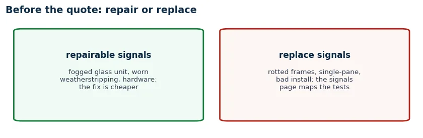Before the quote: repairable signals like fogged glass and worn weatherstripping versus replacement signals like rotted frames and single-pane glass