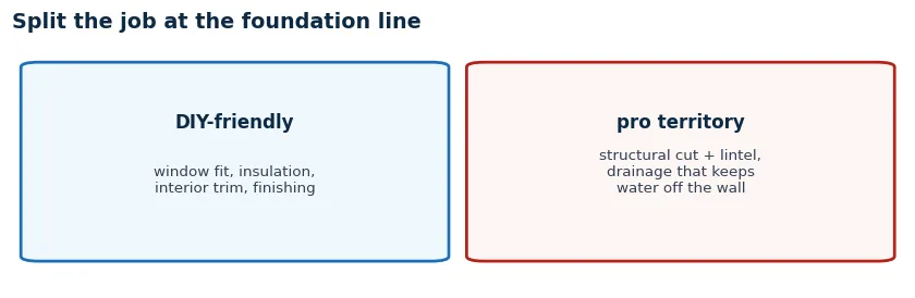 Split diagram of egress DIY: friendly parts are window fitting and interior trim, hard parts are structural cutting and drainage