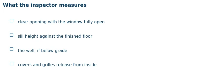 Checklist of what an egress inspection measures: clear opening with the window fully open and sill height against finished floor