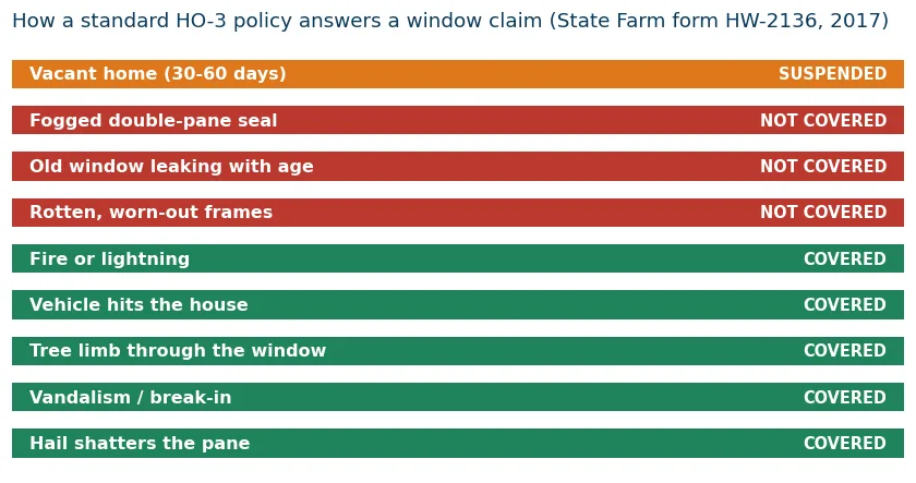 Chart of nine window damage scenarios and whether a standard HO-3 policy covers each