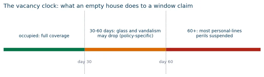 Timeline of what happens to glass and vandalism coverage as a house sits vacant past 30 and 60 days