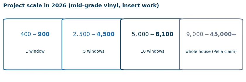 Cards of project scale in 2026 from one window to a whole house, with the per-window price falling as the count grows