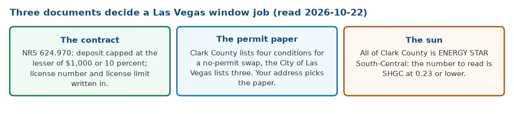 Three documents decide a Las Vegas window job: the Nevada contract law caps the deposit and writes the license into the contract, the permit paper differs between Clark County and the City of Las Vegas, and ENERGY STAR South-Central makes SHGC at or below 0.23 the number to read