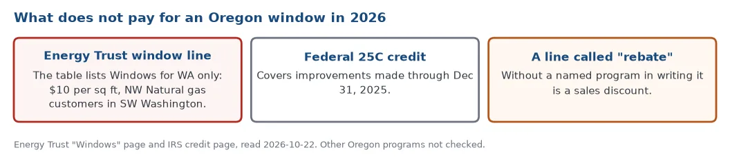 What does not pay for an Oregon window in 2026: the Energy Trust of Oregon window incentive table lists Washington only at 10 dollars per square foot, the federal 25C credit covers improvements through 2025, and an unnamed rebate line is a sales discount