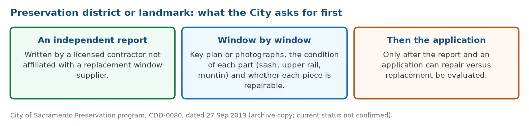 What the City of Sacramento Preservation program asks first for a window in a preservation district or landmark: an independent condition report by a licensed contractor, window by window, then the application