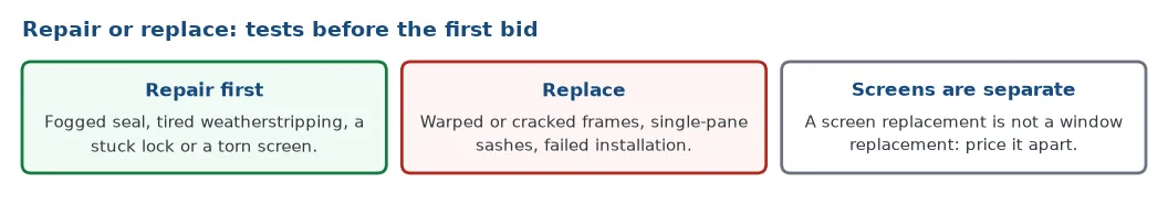 Repair or replace: repair a fogged seal, weatherstripping, a lock or a screen; replace warped frames, single-pane sashes and failed installations; screens are priced apart