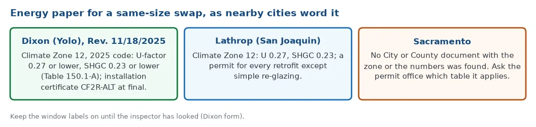 Energy paper for a same-size window swap as the cities of Dixon and Lathrop word it for Climate Zone 12: U-factor 0.27 and SHGC 0.23, and no Sacramento document with the zone or numbers was found