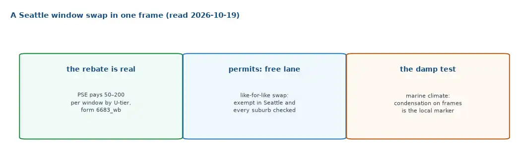 Window replacement in Seattle in one frame: the PSE per-window rebate is live with tiers, like-for-like swaps are permit-exempt across the metro, and the marine climate makes condensation the first test