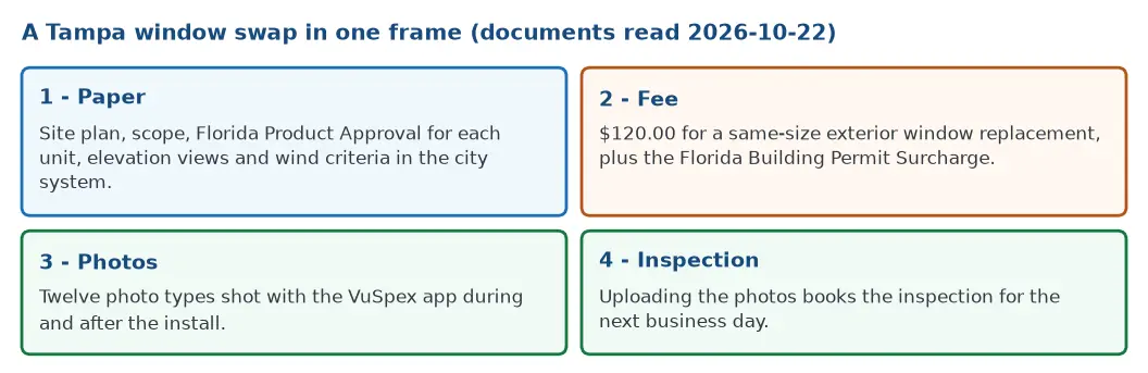 A Tampa window replacement in four steps: permit paperwork with product approvals, a $120 fee, twelve photos with the VuSpex app, and an inspection booked for the next business day