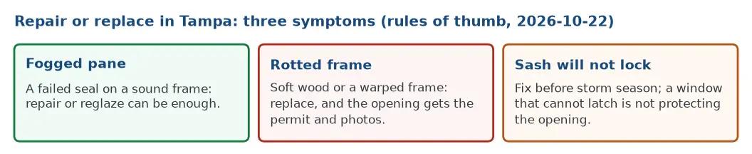 Repair or replace in Tampa: a fogged pane, a rotted frame, a sash that will not lock