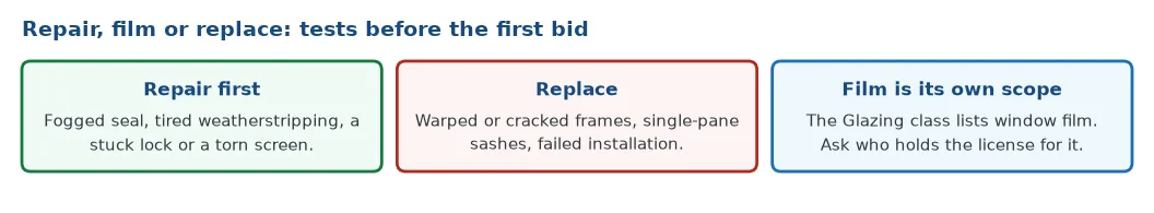 Repair, film or replace: repair a fogged seal, weatherstripping, a lock or a screen; replace warped frames, single-pane sashes and failed installations; window film is its own scope under the Glazing license class