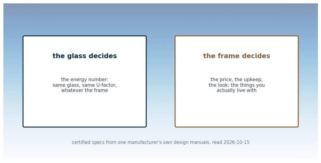 The split this page makes: the glass decides the energy number, the frame decides the price, the upkeep and the look