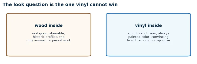 The look contest: real wood grain and historic profiles inside versus vinyl that is convincing from the curb but not up close