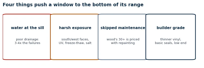 Four cards on what shortens window life: poor installation and water management, harsh exposure, deferred maintenance on wood, and builder-grade components
