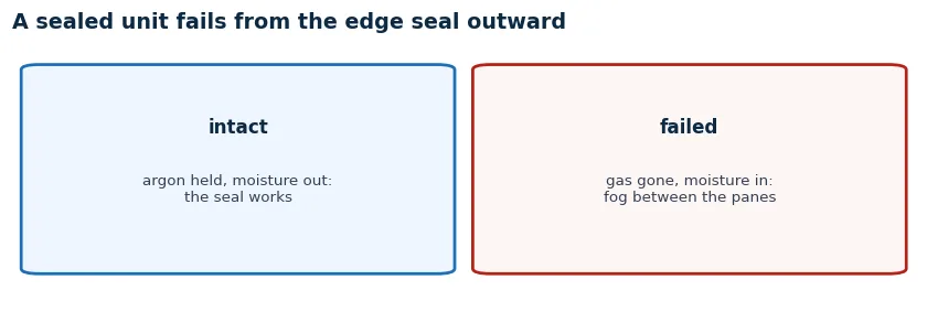 Diagram of a double-pane sealed unit aging: intact seal holds argon, failed seal lets gas out and moisture in, fog appears between the panes
