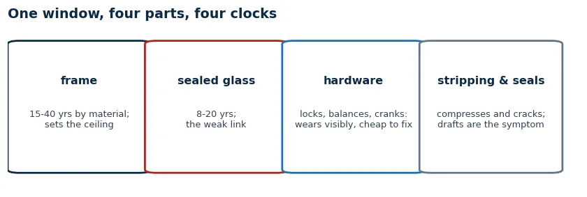 Diagram of a window split into four aging parts: frame, sealed glass unit, hardware, and weatherstripping, each with its own failure mode