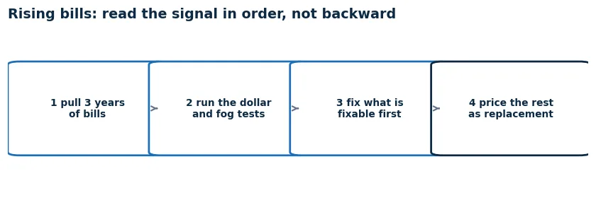 Order of operations for the energy bills signal: pull three years of bills, run the dollar and fog tests, fix what is fixable first, then price the rest as replacement