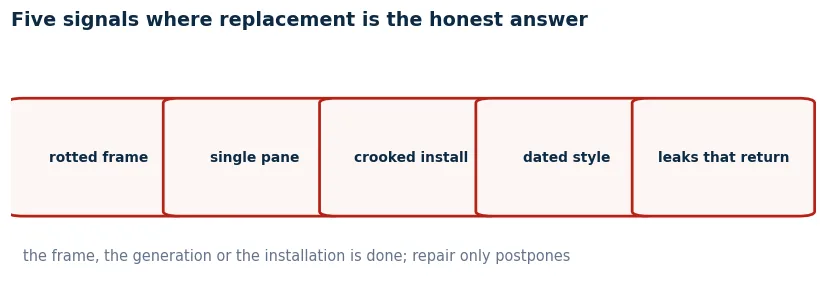 Five signals that mean window replacement: rotted frame, single pane glass, crooked installation, dated style, leaks that return after repair
