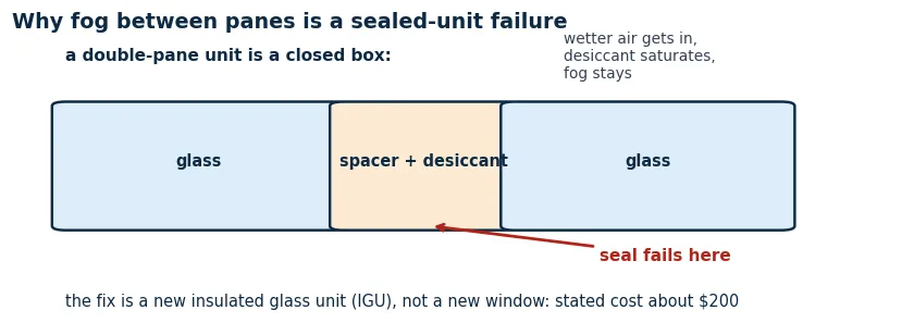 Cross section of a double pane insulated glass unit showing glass, spacer with desiccant, and where the seal failure lets moist air in