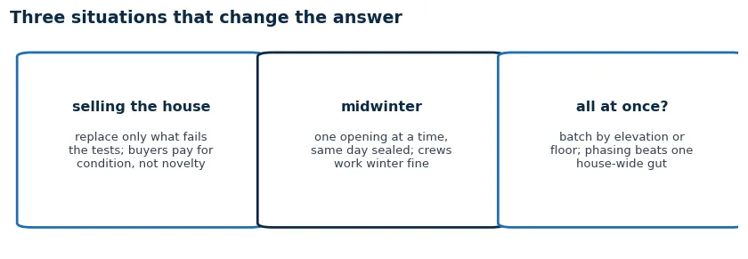 Three scenarios that change the replacement answer: selling the house, midwinter timing, and replacing all windows at once