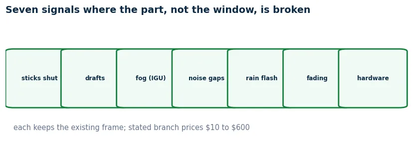 Seven repairable window signals: sticking sashes, drafts, fogged glass units, noise gaps, rain flashing, fading, missing hardware