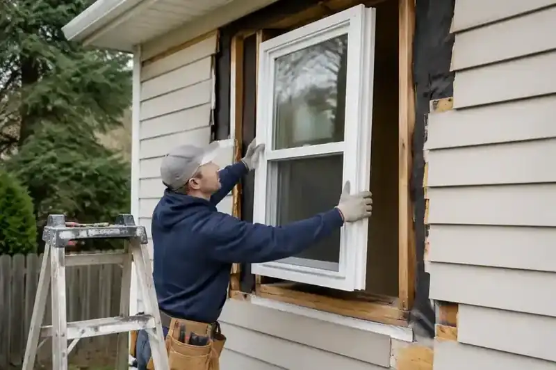 Installer setting a new double-hung window into a prepared opening of a house