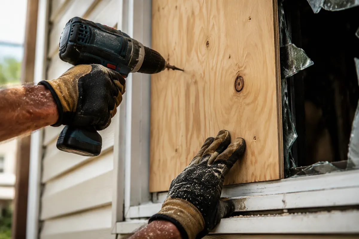 Boarding up a storm-broken house window with plywood before the adjuster visit